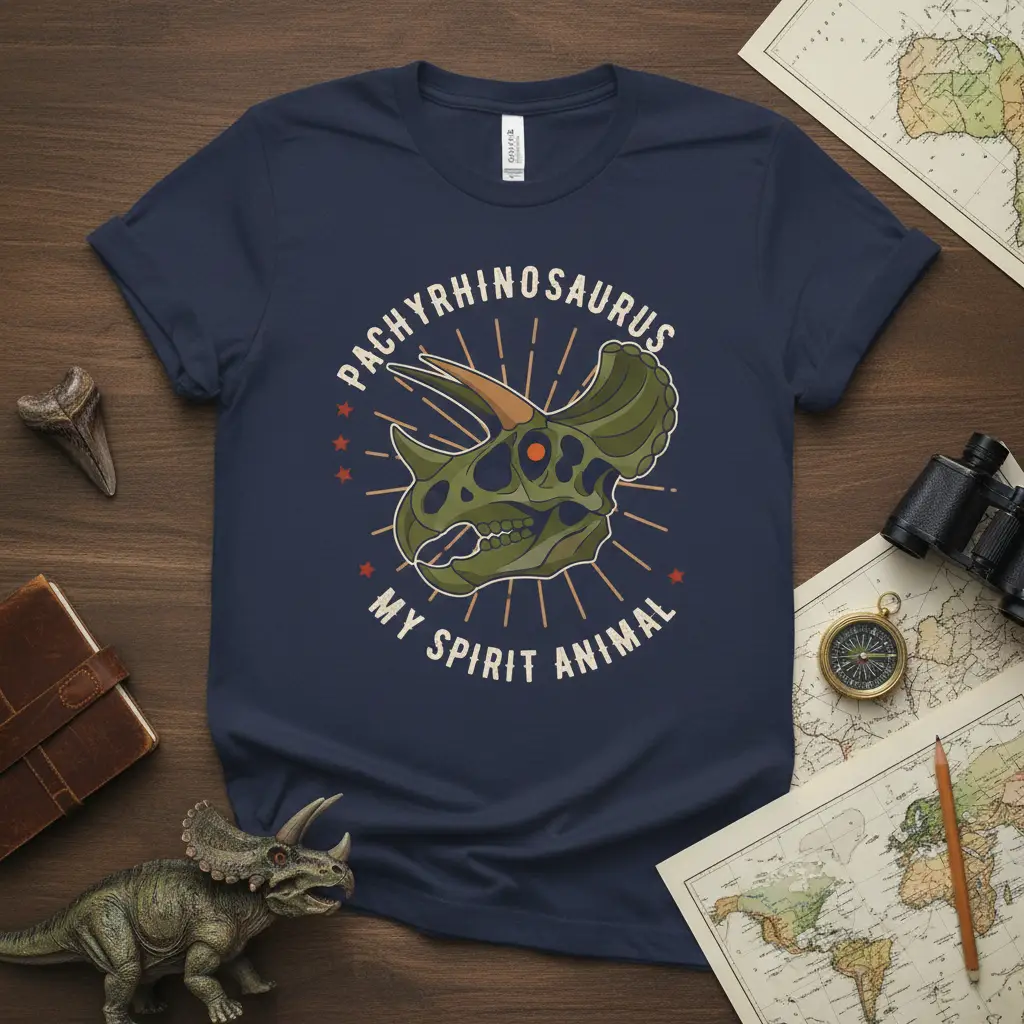 Pachyrhinosaurus my spirit animal text and dinosaur skull graphic on a navy t-shirt