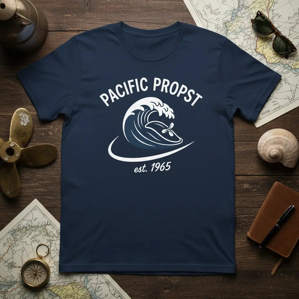 Pacific Propst est. 1965 text with a dynamic white wave graphic on a navy t-shirt