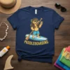Golden Retriever dog with dreadlocks paddleboarding, wearing sunglasses and shorts, text reads PADDLEBOARDING