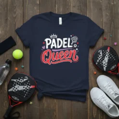 Dark navy t-shirt with "PADEL Queen" text in white and red, featuring a crown and a padel racquet graphic