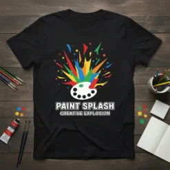 Paint Splash Creative Explosion text on a black t-shirt with colorful paint splatter graphic