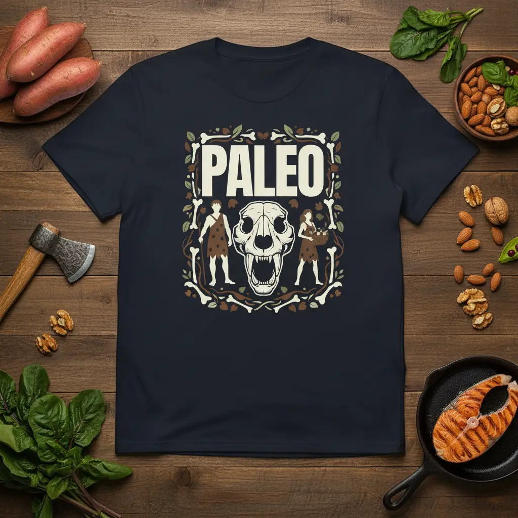Paleo Diet T-Shirt with bold PALEO text, caveman graphics, and skull motif, celebrating ancestral health