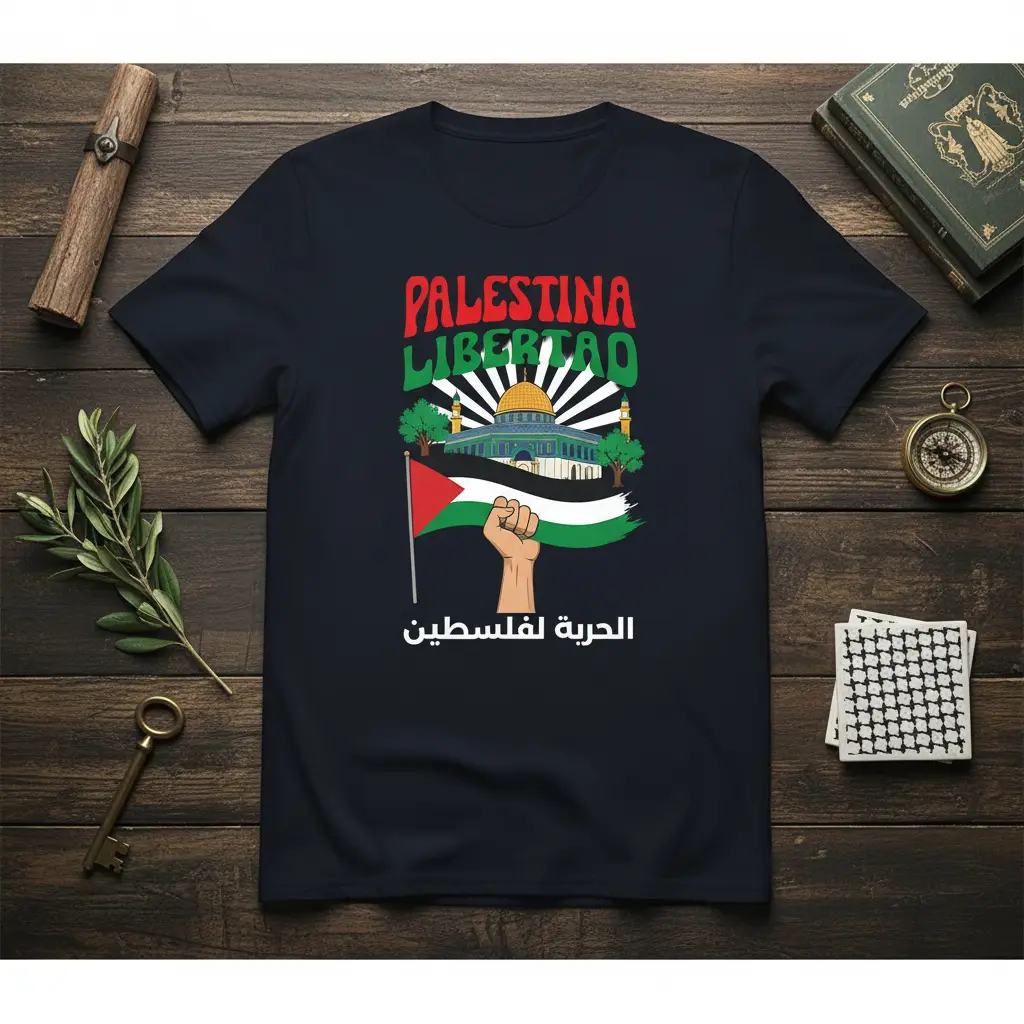 Palestina Libertad الحرية لفلسطين T-Shirt design showing Dome of the Rock and Palestinian flag with fist graphic