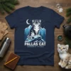Pallas Cat Guardian of the Cold t-shirt design featuring a sitting Pallas cat on a rock with mountains and moon