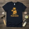 Palm Beach t-shirt design with orange sunset, palm trees, and ocean waves graphic
