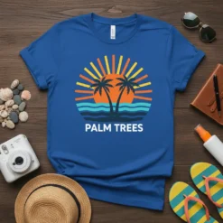 Blue t-shirt with "PALM TREES" text and a retro sunset design featuring palm trees and ocean waves