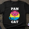 Black t-shirt with "PAN CAT" text above a pink cat head within the pansexual flag colors (pink, yellow, blue)