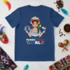 Panamanian Girl T-Shirt featuring a woman in traditional attire holding the Panama flag and a miniature Panama Canal building