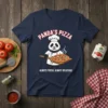 Panda chef holding a pizza on a t-shirt with text "Panda's Pizza Always Fresh Always Delicious"