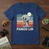 Pango Lin text and pangolin climbing tree graphic on a vintage sunset background, t-shirt design
