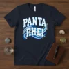 Panta Rhei t-shirt with flowing blue wave design and white text