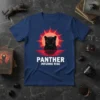 Panther Inferno Rise text design on a navy blue t-shirt with a black panther and red sun graphic