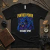 Black t-shirt with "Panther Power Untamed Spirit" text and a blue panther graphic
