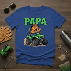 PAPA t-shirt design featuring a cartoon cat wearing a hat and overalls riding an ATV and giving a thumbs up