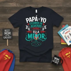 Papá y Yo Estamos de Acuerdo Mamá Es la Mejor Spanish quote t-shirt with rocket graphic