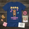 Papa Of The Birthday Girl t-shirt design with a cute bear holding a gift, balloons, and confetti. The text reads