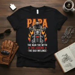 Black t-shirt design featuring "Papa The Man The Myth The Legend The Bad Influence" text with a biker graphic and
