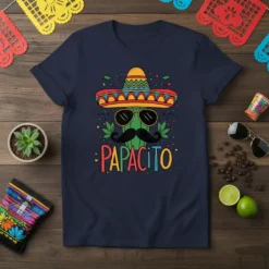 Papacito text with cactus wearing sombrero and sunglasses, funny Mexican dad design