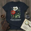 Papaver somniferum Opium Poppy Botanical Study t-shirt with detailed red and white poppy illustrations and scientific labels