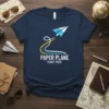 Paper Plane Flight Path T-Shirt with blue and white paper airplane graphic and flight path lines