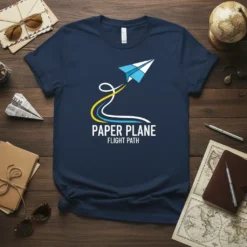 Paper Plane Flight Path T-Shirt with blue and white paper airplane graphic and flight path lines