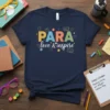 Navy blue t-shirt with colorful "PARA love & inspire" text and book graphics, perfect for para educators