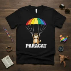 PARACAT t-shirt design with a cartoon cat wearing goggles and a helmet, skydiving with a rainbow parachute