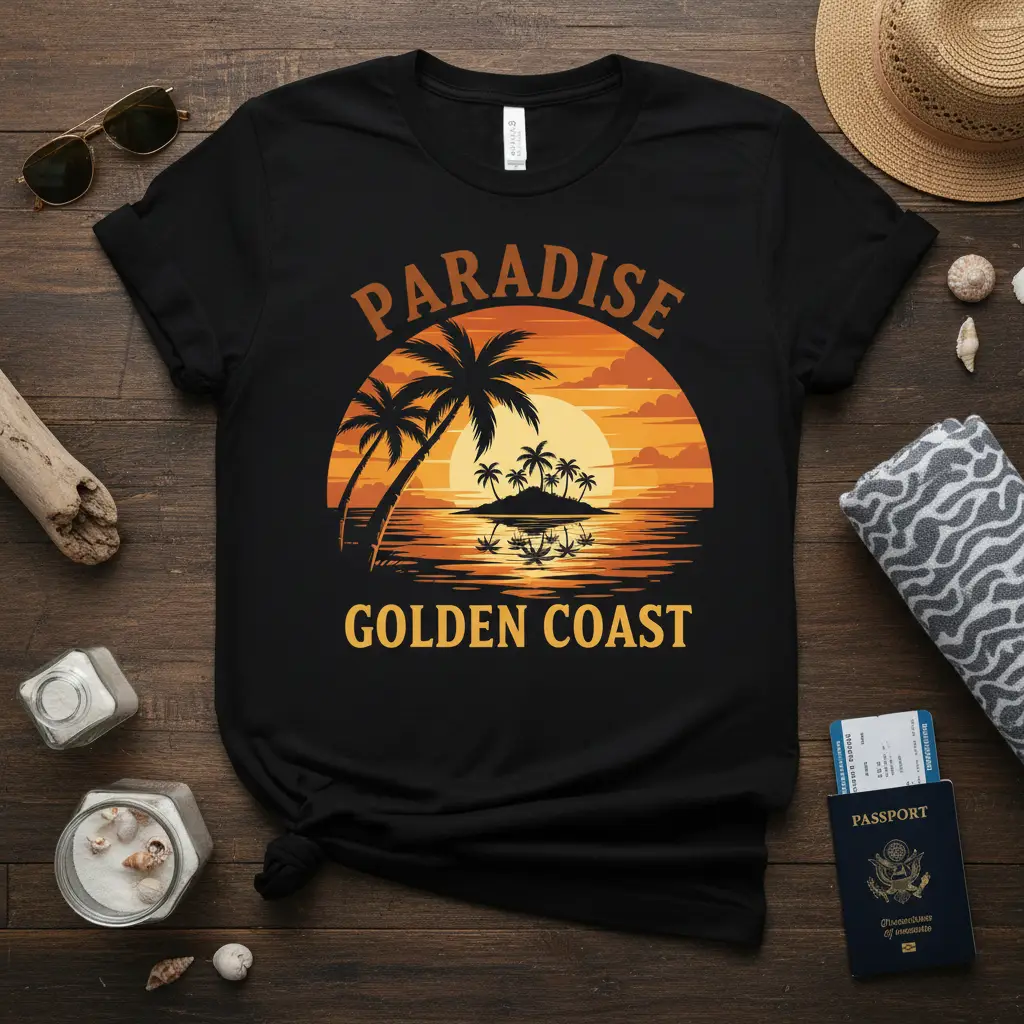 Paradise Golden Coast tropical sunset graphic with palm trees and island reflection