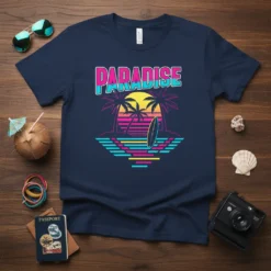 Navy t-shirt with a retro sunset design featuring the word PARADISE, palm trees, surfboard, and ocean waves