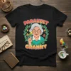 Parakeet Granny t-shirt design featuring a smiling elderly woman holding a parakeet, with colorful text