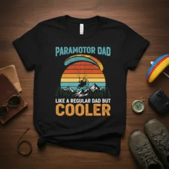 Paramotor Dad Like A Regular Dad But Cooler quote on a black t-shirt with a sunset paramotor graphic