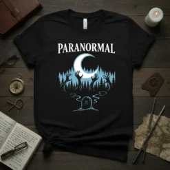 Black t-shirt with "PARANORMAL" text, zombie hands rising from a forest, moon, and a tombstone with 'R'