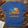 Parasauolophus dinosaur graphic t-shirt with retro sunset and mountain background