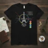 Black t-shirt with a stylized Eiffel Tower and colorful Paris metro map design, including text "Paris France"