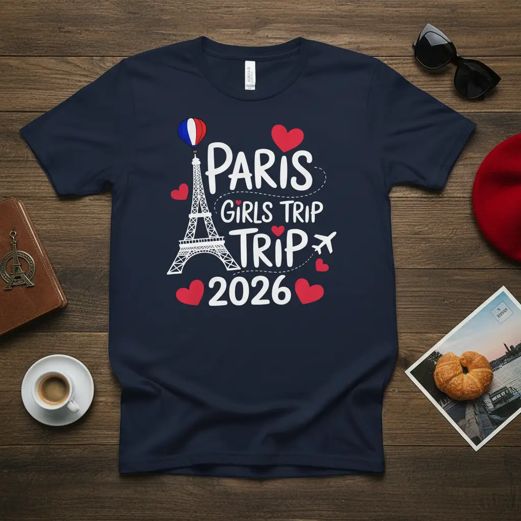PARIS GIRLS TRIP 2026 text with Eiffel Tower illustration on a navy blue t-shirt