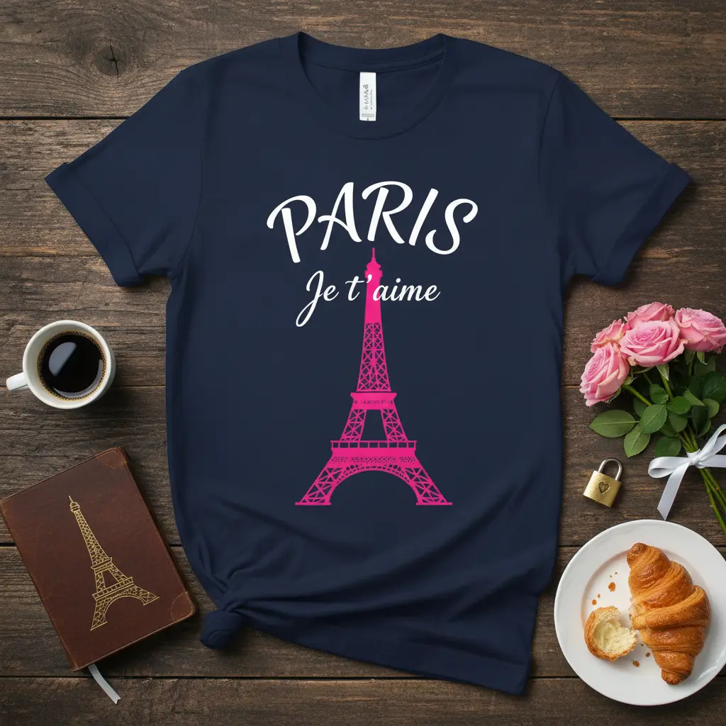 Navy t-shirt showcasing PARIS Je t'aime text and a pink Eiffel Tower graphic, ideal for French travel lovers