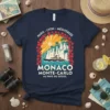 T-shirt design featuring "Paris Lyon Méditerranée Monaco Monte-Carlo Au Pays Du Soleil" text with a scenic cruise ship and coastal