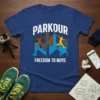 Parkour Freedom To Move t-shirt design with silhouettes of athletes jumping over city buildings in white and orange