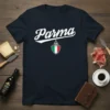 Navy t-shirt with "Parma" in white vintage script and an Italian flag shield emblem below, representing Parma Italy
