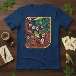 バオキート Japanese art t-shirt design with a green parrot on a flowering branch