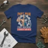 Part Man Part Machine Stronger Than Both text on a navy t-shirt with a split human and robot body graphic