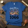 Party Like It's 1066 T-Shirt with cartoon knights feasting and holding mugs, historical humor design