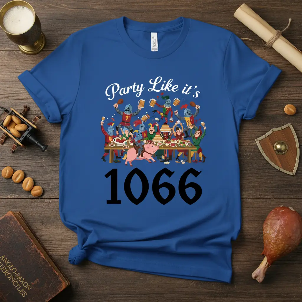 Party Like It's 1066 design featuring knights celebrating at a medieval banquet with food and drinks