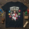 Funny "Party Like It's 33 A.D." t-shirt design featuring a cartoon Jesus holding wine, surrounded by balloons and confetti