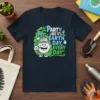 Party Like It's Earth Day Every Day t-shirt with cartoon character holding 'Plant Tree' sign, solar panel, and wind turbine