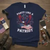 Party Like A Patriot t-shirt with an eagle holding the American flag and fireworks graphic