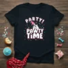 French bulldog wearing a party hat, surrounded by confetti, with "PARTY! PAWTY TIME" text on a black t-shirt