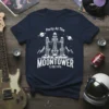 Party At The MOONTOWER 5/28/1976 t-shirt design with Tesla towers, planets, and mountains. White graphic on navy shirt