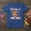 Party in THE USA t-shirt design with retro hot dog and drink characters celebrating with sparklers and fireworks