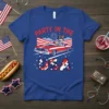 Party In The USA text design with a vintage convertible, American flag, and fireworks graphic, featuring a woman driving